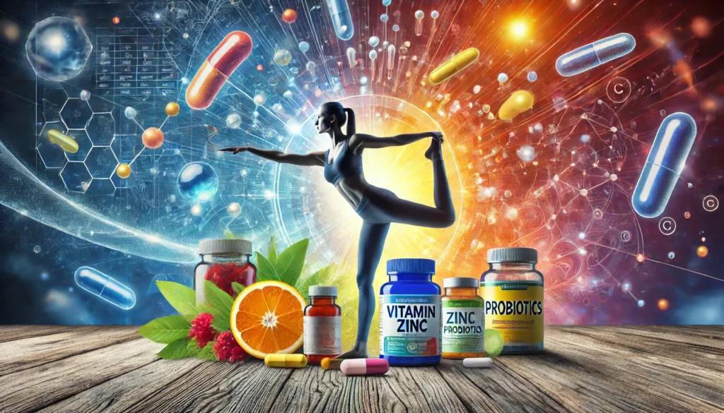 A dynamic image of a person practicing physical exercise, like yoga or stretching, with a backdrop featuring supplements like vitamin C, zinc, and probiotics.