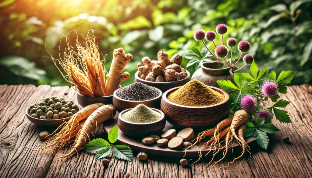 A vibrant still life of natural herbs and roots known for boosting energy, including ginseng, maca root, and Rhodiola rosea, arranged on a rustic wooden table with natural sunlight filtering through. The herbs appear fresh and earthy, with some ground into fine powders in small wooden bowls, set against a lush green background.

