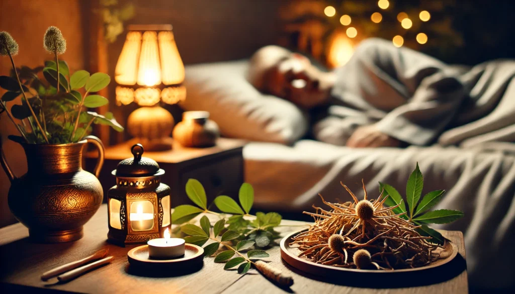 A peaceful nighttime setting with a person sleeping in a cozy bedroom, illuminated by soft candlelight. Herbal elements like ashwagandha roots and leaves rest on a bedside table, creating a relaxing atmosphere conducive to sleep.