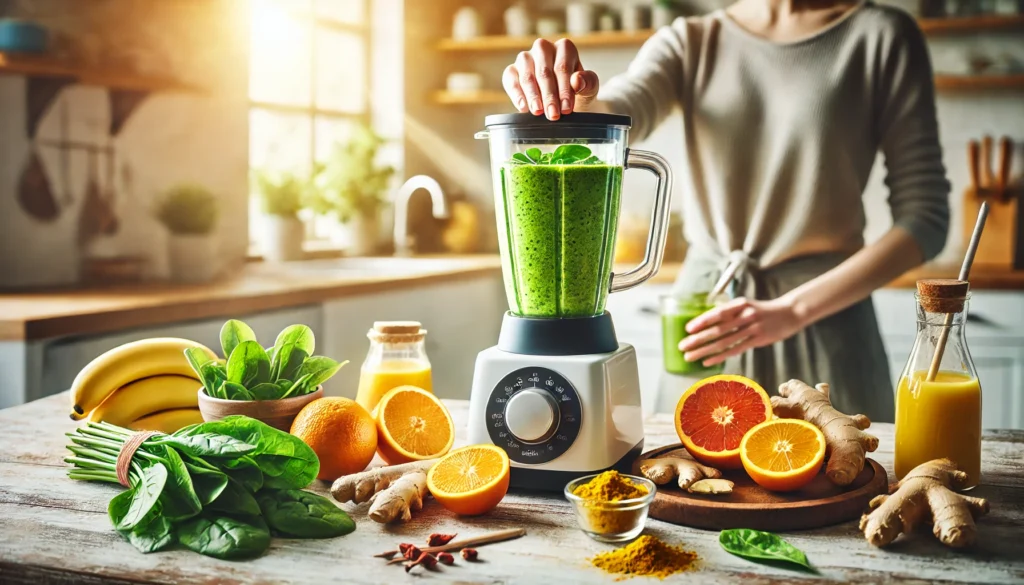 An energetic and fresh morning scene of a person preparing an immunity-boosting smoothie with spinach, citrus fruits, ginger, and turmeric in a blender.