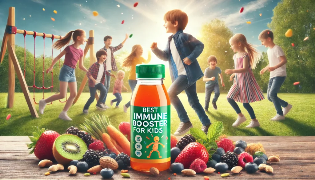 An energetic and playful image of a group of children playing outdoors, surrounded by healthy snacks such as nuts, berries, and yogurt, with a bottle of liquid immune booster for kids placed nearby.