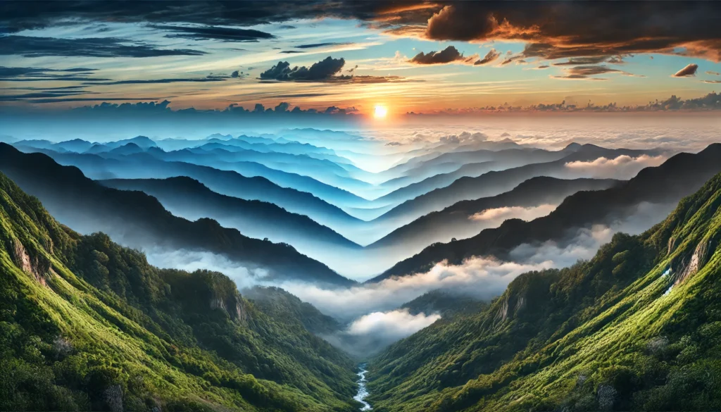 A tranquil mountain valley transitioning from night to day, symbolizing the gradual calming effects of Ashwagandha in alleviating stress and anxiety over time.