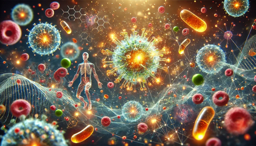 "A visual representation of the connection between immunology and health supplements, showing immune cells interacting with essential nutrients like vitamins and minerals, symbolized by glowing particles and energy flows."