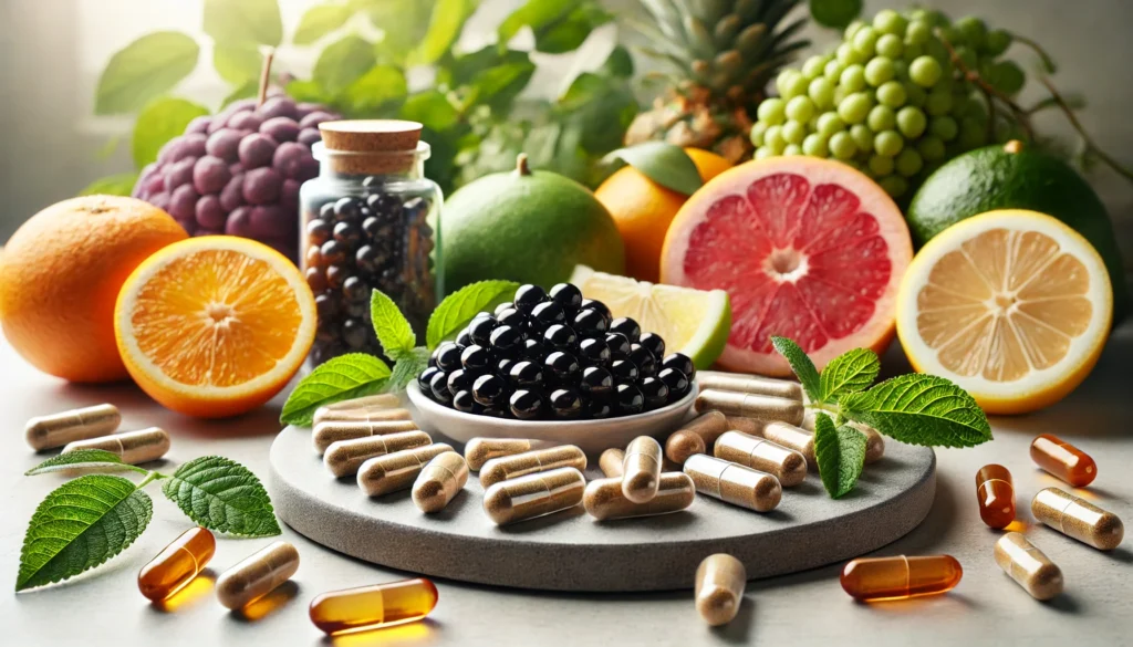  A close-up view of immune booster pills, including vitamin C, elderberry capsules, and zinc tablets, with a background of fresh citrus fruits and green leaves on a clean countertop.