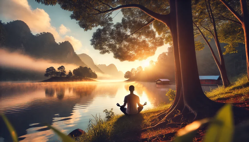 A tranquil nature scene with a person meditating near a peaceful lake at sunrise, symbolizing relaxation and anxiety relief through magnesium supplementation.