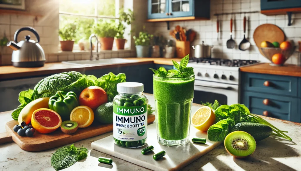 "A vibrant kitchen scene with a fresh green smoothie made from leafy vegetables and fruits, placed beside a bottle of Immuno Immune Booster 150 Capsules. The image conveys a holistic health approach with an emphasis on immune health and natural wellness."