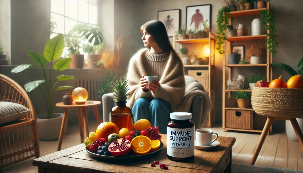 "A peaceful home environment with a cozy space showcasing a person sitting with a warm cup of herbal tea, next to a table with a bottle of immune support vitamins and a plate of mixed fruits like oranges, berries, and pomegranate. The setting promotes natural, holistic approaches to boosting immunity in a calming atmosphere."