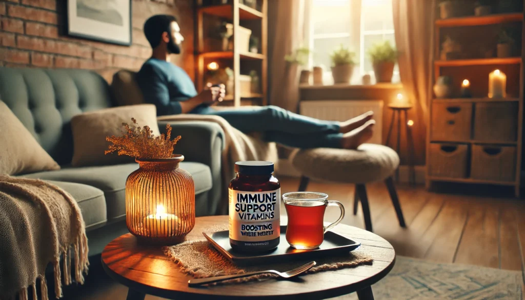 "A calm home setting with a person enjoying a warm cup of herbal tea while sitting in a comfortable chair. A bottle of immune support vitamins on the coffee table highlights the connection between relaxation and boosting immune health naturally."