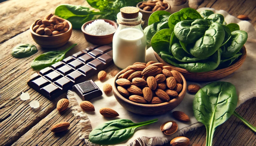 A rustic wooden table displaying magnesium-rich foods such as almonds, spinach, and dark chocolate, bathed in soft natural lighting. The arrangement evokes relaxation and stress relief.

