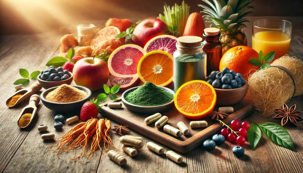  A vibrant still-life composition of natural energy-boosting supplements, including herbal capsules, ginseng roots, maca powder, spirulina, and vitamin-rich fruits like oranges and berries, arranged on a wooden table with warm, natural lighting.