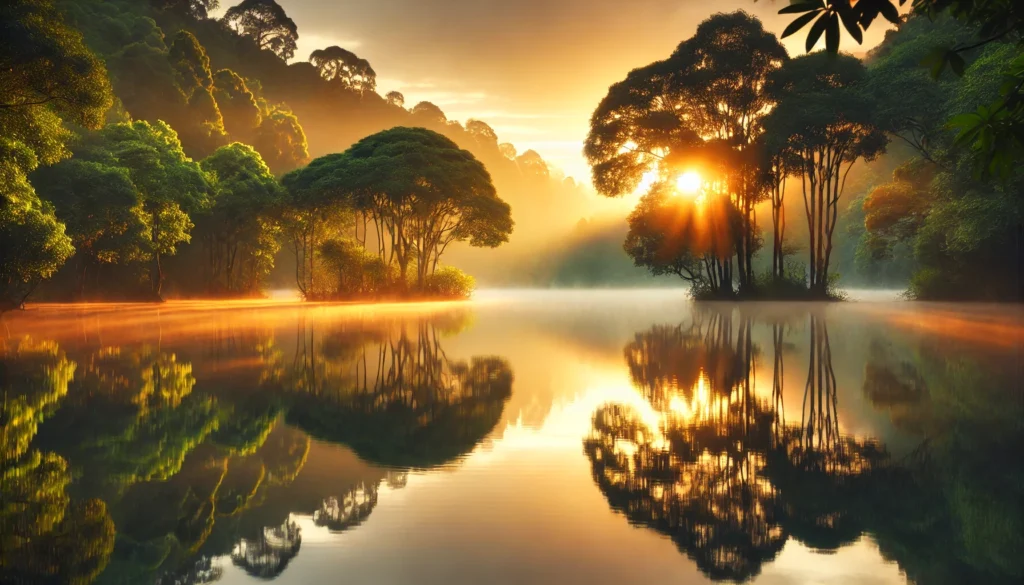 A peaceful and serene landscape at sunrise, featuring a calm lake surrounded by lush green trees. The soft golden light reflects on the water, creating a soothing and relaxing atmosphere that symbolizes tranquility and anxiety relief.