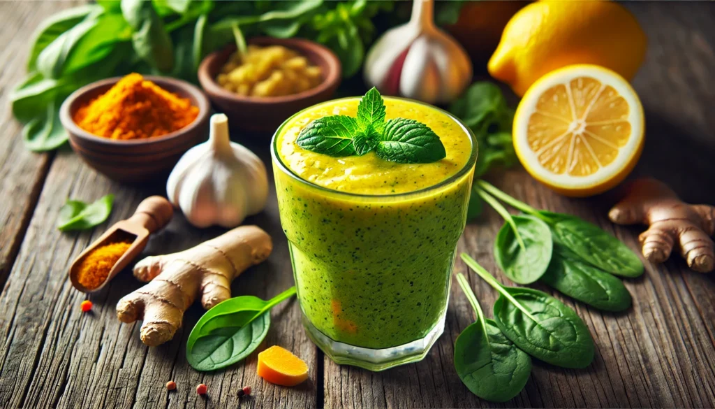 A vibrant, healthy smoothie made with immune-boosting ingredients like citrus fruits, spinach, ginger, and turmeric, placed on a rustic wooden table, surrounded by fresh antiviral foods like garlic and lemons, symbolizing natural antiviral strategies to boost immunity.