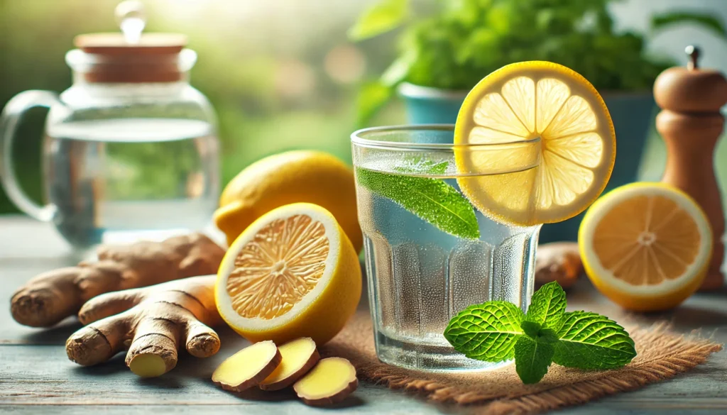 A close-up of a water glass with lemon slices, ginger root, and fresh mint leaves beside it. This image symbolizes natural immune support through hydration and detoxification, highlighting the importance of proper hydration for boosting lymphocyte production in a fresh, vibrant atmosphere.