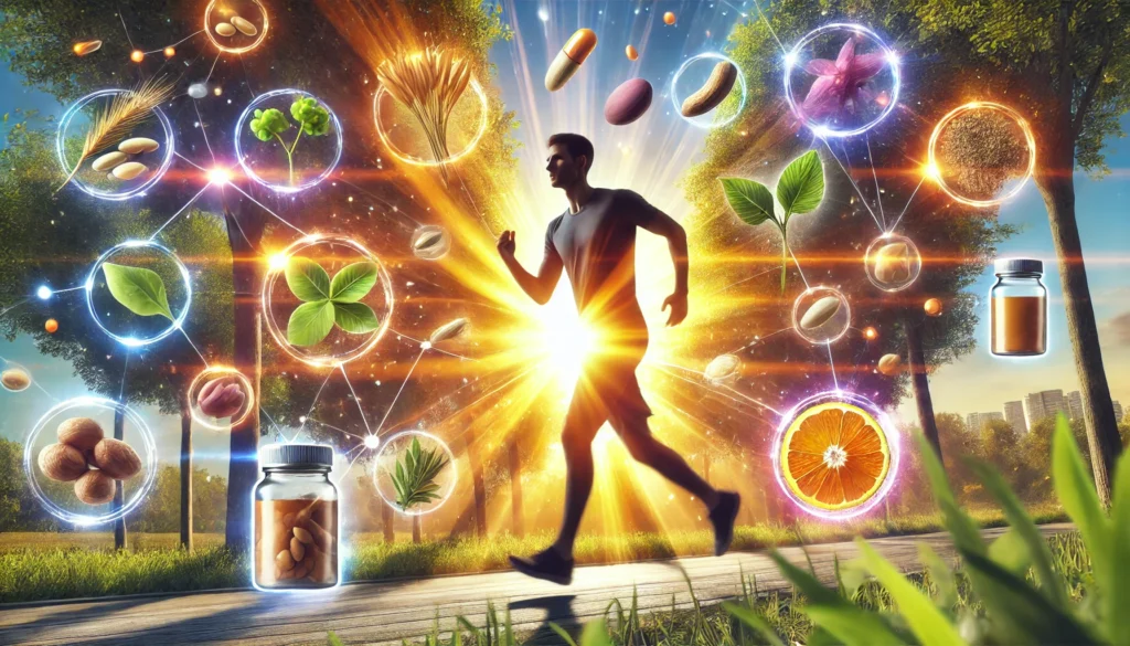 A dynamic scene of an individual jogging through a sunlit park, feeling invigorated and focused, with floating symbols of energy-boosting herbs like ginkgo biloba, ashwagandha, and maca root.