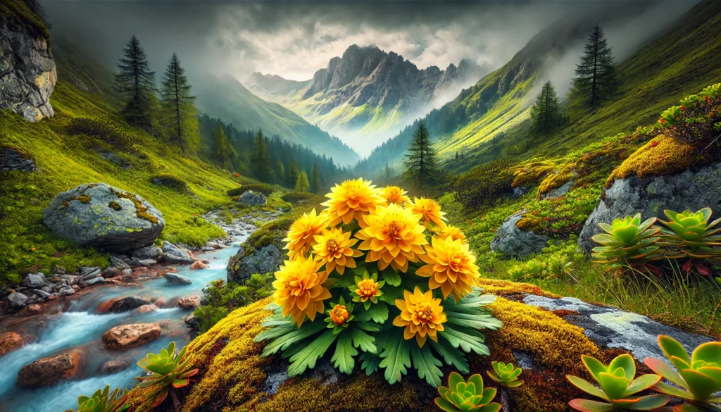 A vibrant Rhodiola Rosea plant with bright yellow flowers growing in a lush alpine setting, symbolizing natural energy and vitality."