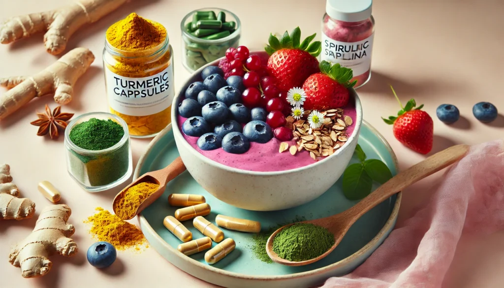 "A close-up of a healthy smoothie bowl topped with nutrient-rich fruits like blueberries, strawberries, and granola, alongside natural supplements such as turmeric capsules, spirulina, and ginger powder. The image symbolizes a fresh and wholesome approach to boosting immunity through diet and supplementation."