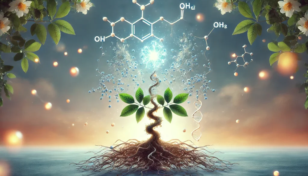  A conceptual image of a glowing Ashwagandha plant intertwined with a molecular structure, symbolizing the biochemical interaction between Ashwagandha and SSRIs, set against a tranquil background representing mental well-being.