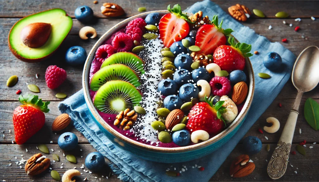 A refreshing smoothie bowl made from a variety of fruits, including blueberries, strawberries, and kiwi, topped with nuts and seeds. The bowl is filled with nutrient-packed ingredients that help boost white blood cells and strengthen the immune system.