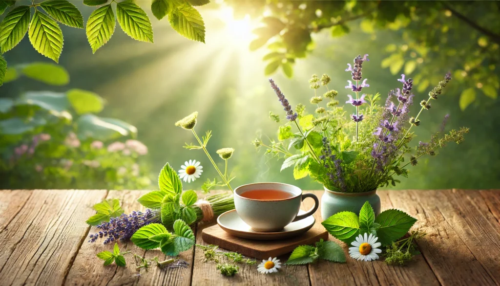 A peaceful outdoor setting featuring a cup of herbal tea placed on a rustic wooden table, surrounded by fresh chamomile, lavender, and lemon balm. Sunlight softly filters through lush green leaves, creating a tranquil and stress-relieving ambiance.