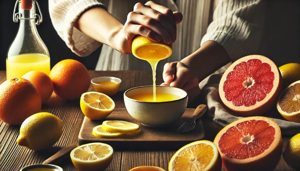 A person squeezing fresh lemon juice into a cup, with a bowl of sliced citrus fruits, including oranges and grapefruits, nearby. The image emphasizes the use of citrus fruits as a natural remedy for colds and the role of vitamin C in immune support.