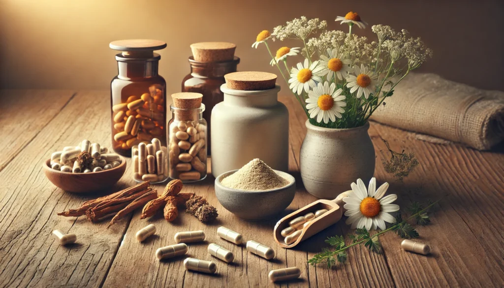  A calming still-life composition featuring natural stress relief supplements, including herbal capsules, ashwagandha roots, chamomile flowers, valerian root, and magnesium powder, arranged on a wooden table with a warm, tranquil glow.