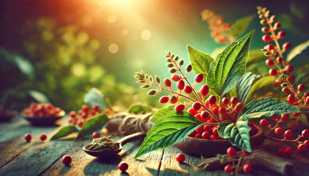 A lush, natural scene showcasing Ashwagandha plants with vibrant red berries and green leaves under warm sunlight. The background is softly blurred, emphasizing the herb’s details and evoking a sense of wellness and traditional healing.