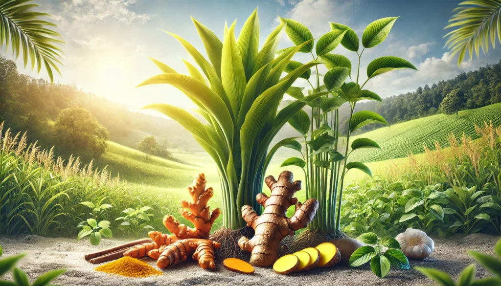 A peaceful landscape with vibrant turmeric and ginger plants growing under bright sunlight, illustrating the natural power of herbs for immune system health