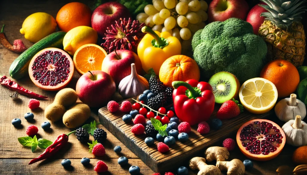 A vibrant, health-focused scene with an assortment of immune-boosting foods arranged on a wooden table, including fruits like berries, apples, and citrus fruits, alongside vegetables like bell peppers and broccoli, showcasing their textures and colors in soft, warm lighting.