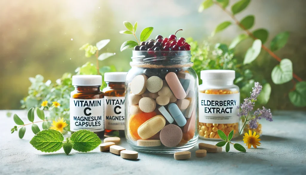 "A visual of antiviral supplements, including vitamin C tablets, magnesium capsules, and elderberry extract, arranged in a well-lit glass jar with a soft greenery background."