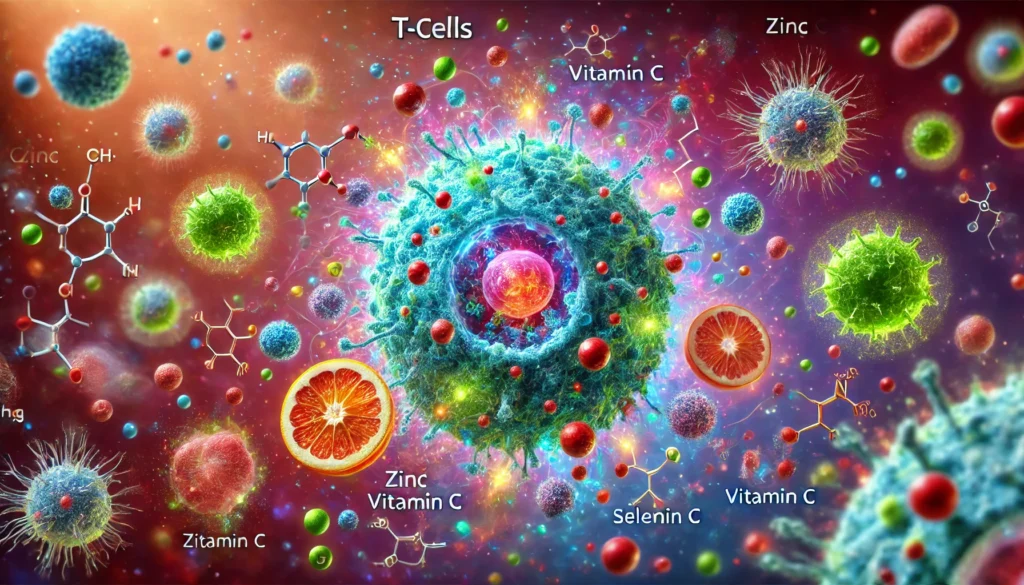 "Vibrant, microscopic view of immune cells like T-cells and macrophages within the body, surrounded by molecular representations of Zinc, Vitamin C, and Selenium, actively defending against pathogens."