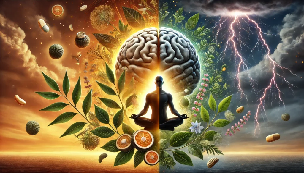 A conceptual digital painting illustrating the potential benefits and risks of Ashwagandha for bipolar disorder. One half features a serene, glowing figure meditating among Ashwagandha plants, while the other half showcases a stormy brain with lightning, symbolizing mood instability.