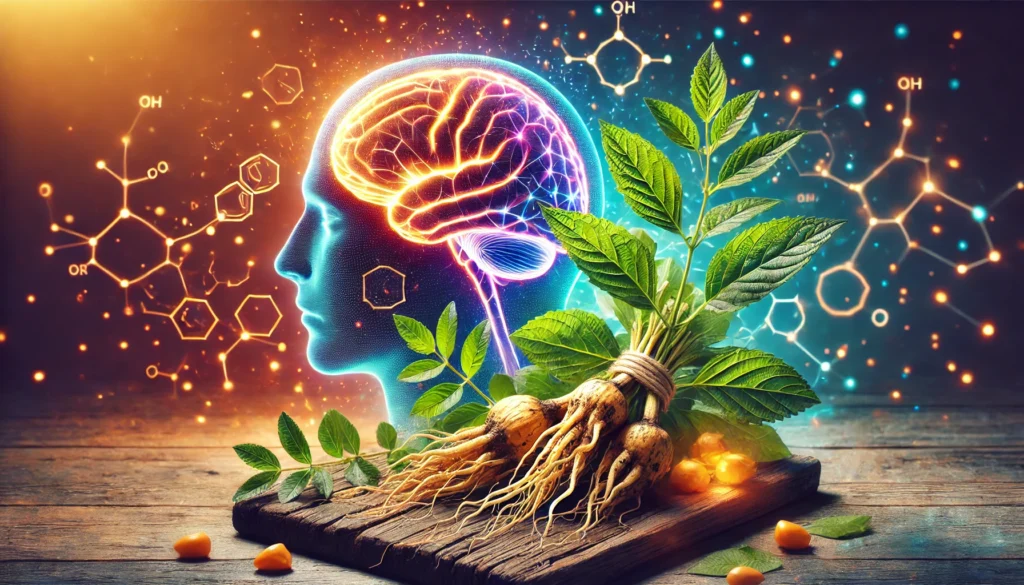 A digital artwork showcasing fresh Ashwagandha roots and leaves beside a glowing human brain model, symbolizing cognitive effects. The background blends warm and cool hues, representing mood stability and the potential mental health impact of Withania somnifera.