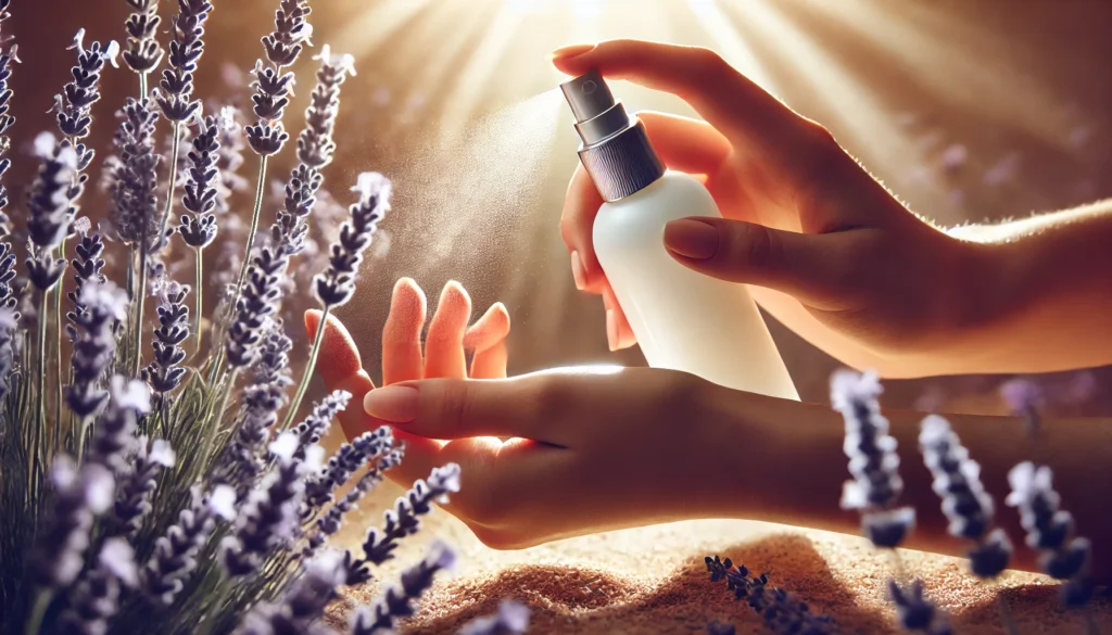 Close-up of a hand gently applying magnesium oil spray to the skin, with a softly blurred background featuring lavender flowers and natural light, evoking a soothing and calming effect.