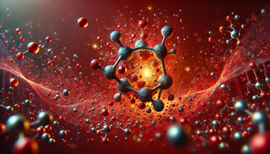 A 3D-rendered artistic concept of iron minerals in molecular form, with glowing iron particles floating in a deep red background, symbolizing the essential role of iron in blood health and energy.