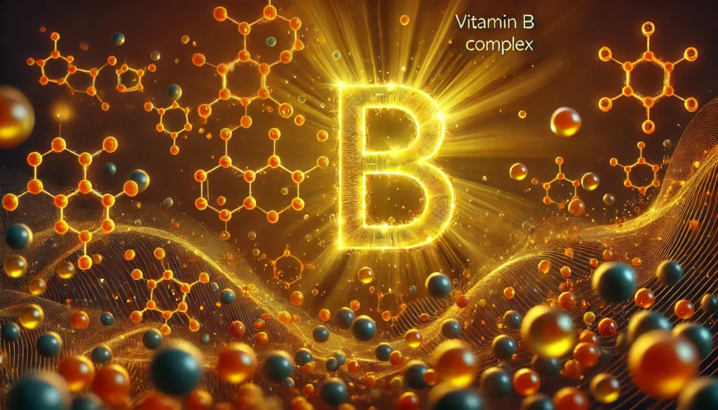 A 3D-rendered artistic concept of Vitamin B Complex molecules, with glowing nutrient particles floating in a vibrant golden background, symbolizing the essential role of B vitamins in energy and metabolism.