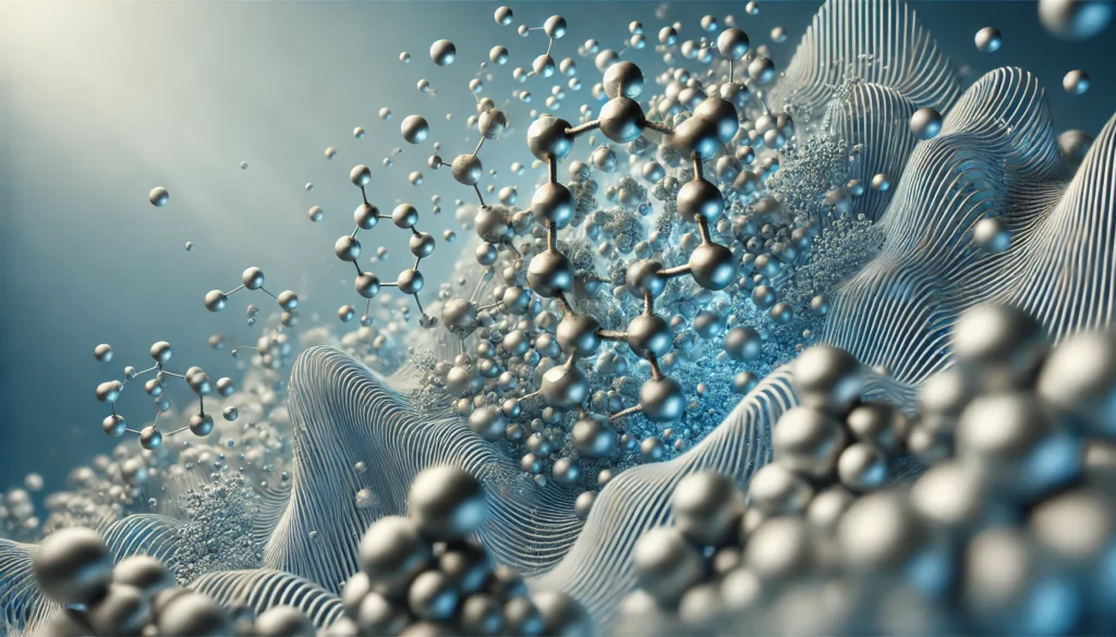 A 3D-rendered artistic concept of zinc minerals in molecular form, with metallic zinc particles floating in a soft blue background, symbolizing zinc’s essential role in health and immunity.