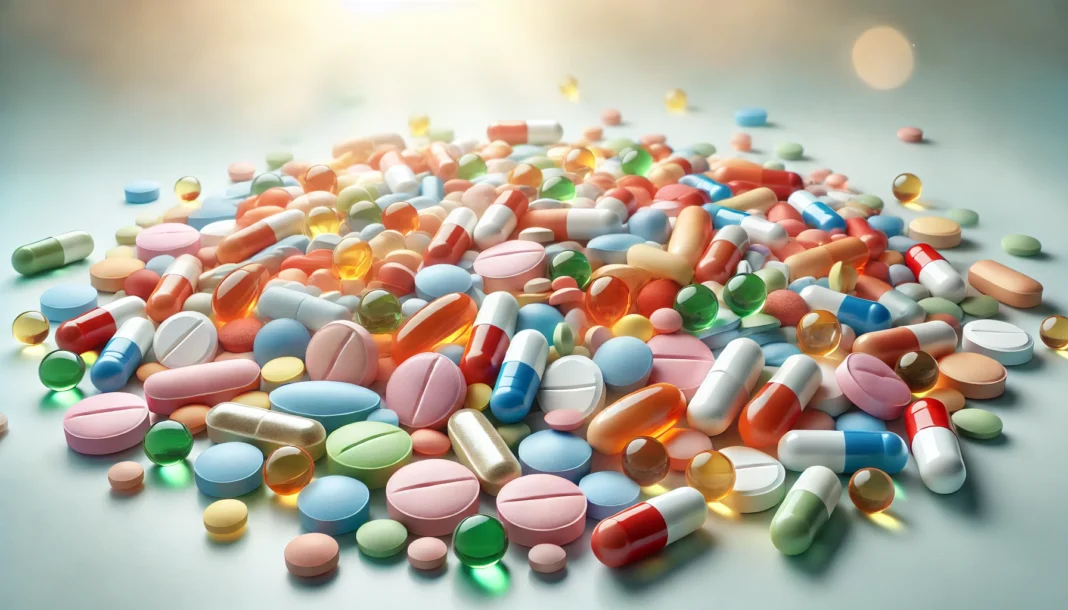 A large assortment of colorful vitamin pills and capsules scattered on a clean, white surface. The pills come in various shapes, sizes, and colors, including softgels, tablets, and round capsules. The background is softly blurred with bright, natural lighting, emphasizing health and nutrition.