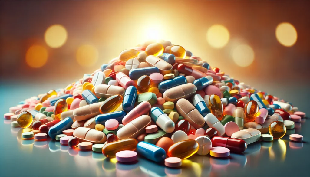 A large assortment of multivitamin pills and capsules scattered on a reflective surface. The pills come in various shapes, sizes, and vibrant colors, including softgels, coated tablets, and round capsules. The background is softly blurred with warm lighting, creating a visually appealing and healthy atmosphere.