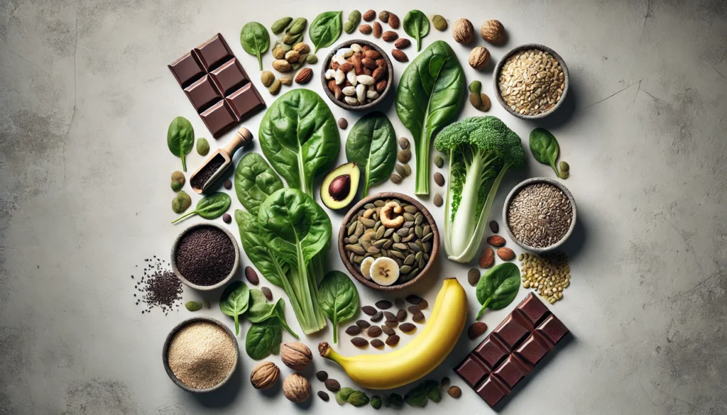 An artistic arrangement of magnesium-rich foods such as leafy greens, nuts, seeds, dark chocolate, bananas, and whole grains on a clean, neutral background, highlighting their natural health benefits.