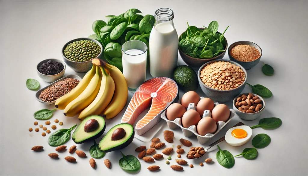 An artistic arrangement of Vitamin B Complex-rich foods, including salmon, avocados, bananas, eggs, milk, spinach, lentils, and almonds, displayed on a clean white background to emphasize freshness and natural nutrition.