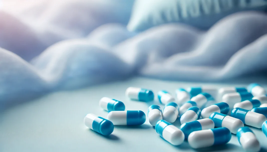 A close-up image of blue and white sleep aid capsules scattered on a soft, blurred background in soothing shades of blue and white. The composition evokes a sense of tranquility and sleep support.