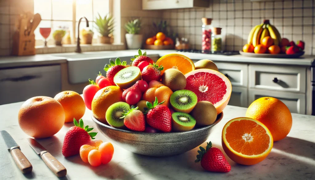 A beautifully arranged bowl of Vitamin C-rich fruits, including oranges, strawberries, kiwis, and grapefruit, placed on a kitchen countertop. The scene is bright and fresh, with natural lighting enhancing the vibrant colors of the fruits.