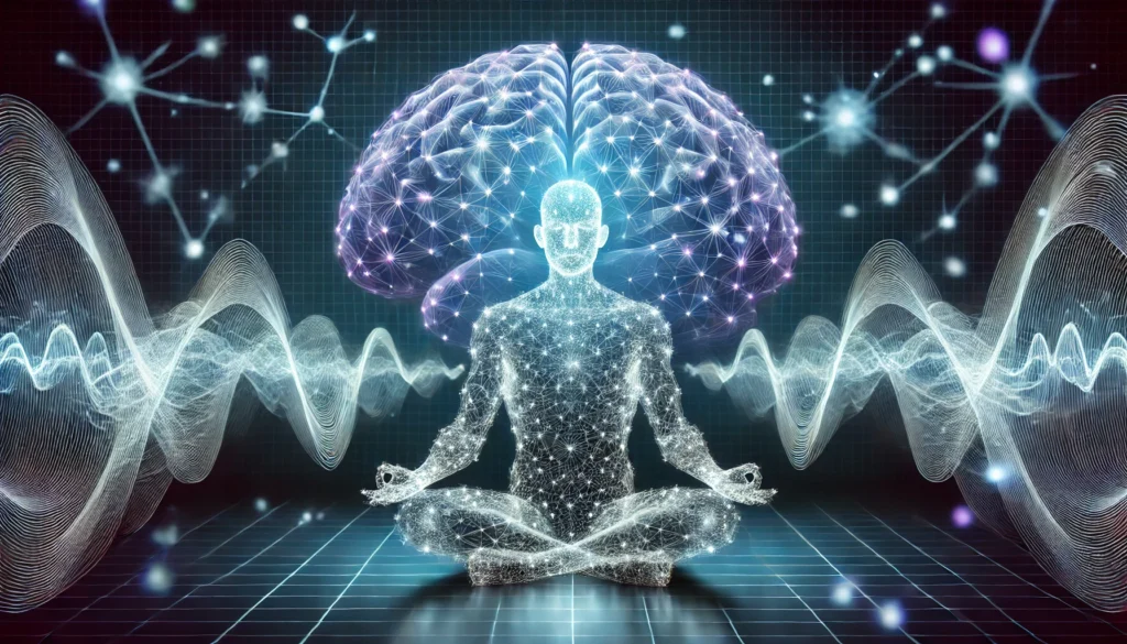 A futuristic depiction of yoga’s impact on brain waves, showing a meditating figure surrounded by a glowing, interconnected neural web. The brain emits soft blue and purple energy waves, representing cognitive function, relaxation, and stress reduction.

