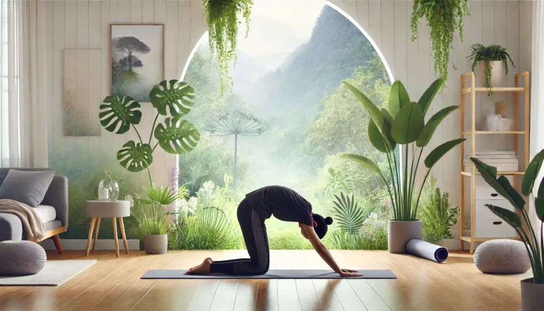 A person practicing the Cat-Cow Pose (Marjaryasana-Bitilasana) on a yoga mat in a bright, calming room. They are transitioning between arching and rounding their back, promoting flexibility and relaxation. The background features soft lighting, wooden floors, and indoor plants, enhancing the peaceful atmosphere.