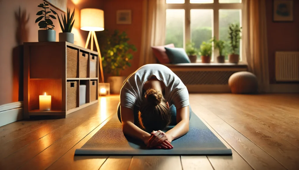 A person practicing the Child’s Pose (Balasana) on a yoga mat in a softly lit room. They are kneeling with their arms extended forward and forehead resting on the mat, promoting relaxation and emotional relief. The room features warm lighting, wooden floors, and indoor plants, creating a soothing and comforting atmosphere.