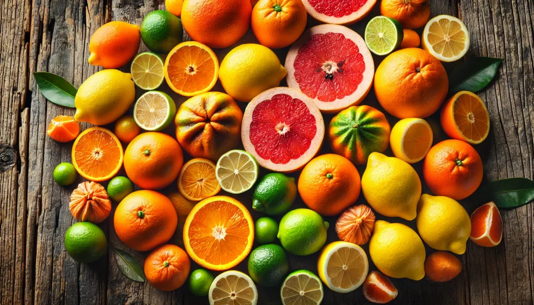 A vibrant assortment of fresh citrus fruits rich in ascorbic acid, including oranges, lemons, limes, and grapefruits, arranged on a rustic wooden surface, showcasing their bright colors and juicy textures.