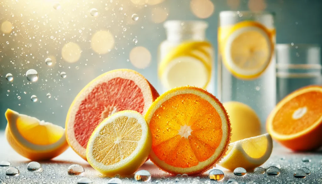 A close-up of fresh orange and lemon slices with water droplets, highlighting their juicy texture and Vitamin C richness. The background is softly blurred with a bright and refreshing ambiance, emphasizing hydration and health benefits.