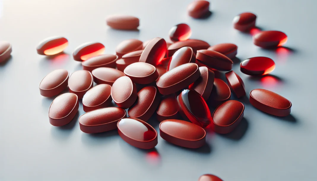 A close-up of red and brown iron supplement pills scattered on a clean white surface. The pills have a glossy finish, reflecting soft light for a smooth and professional look.