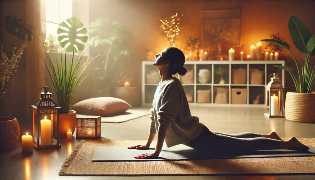 A person practicing the Cobra Pose (Bhujangasana) on a yoga mat in a peaceful, softly lit room. They are lying on their stomach with their hands pressing into the mat, lifting their chest upward in a gentle backbend. The room features warm lighting, candles, and indoor plants, creating a calming and restorative atmosphere, ideal for improving mood and reducing stress.