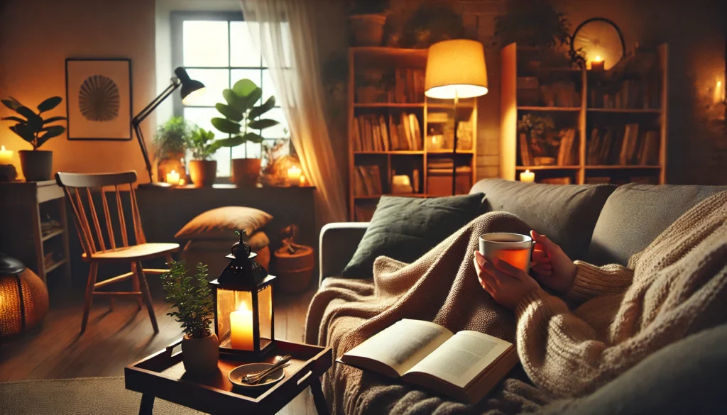 A warm and inviting indoor scene featuring a person relaxing on a soft couch, wrapped in a cozy blanket while holding a cup of herbal tea. A dimly lit lamp and gentle candlelight enhance the tranquil ambiance, with a bookshelf and green plants in the background.